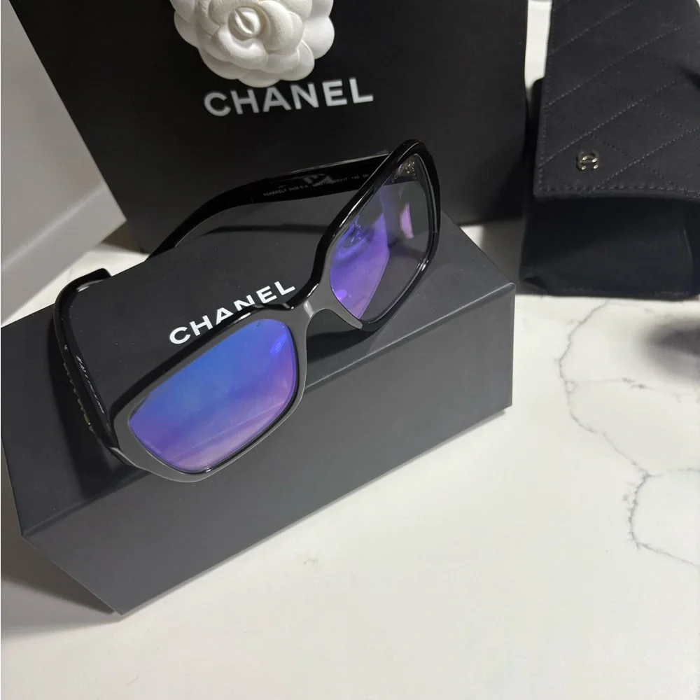 CHANEL Black Square Frames with Gold Logo Accent